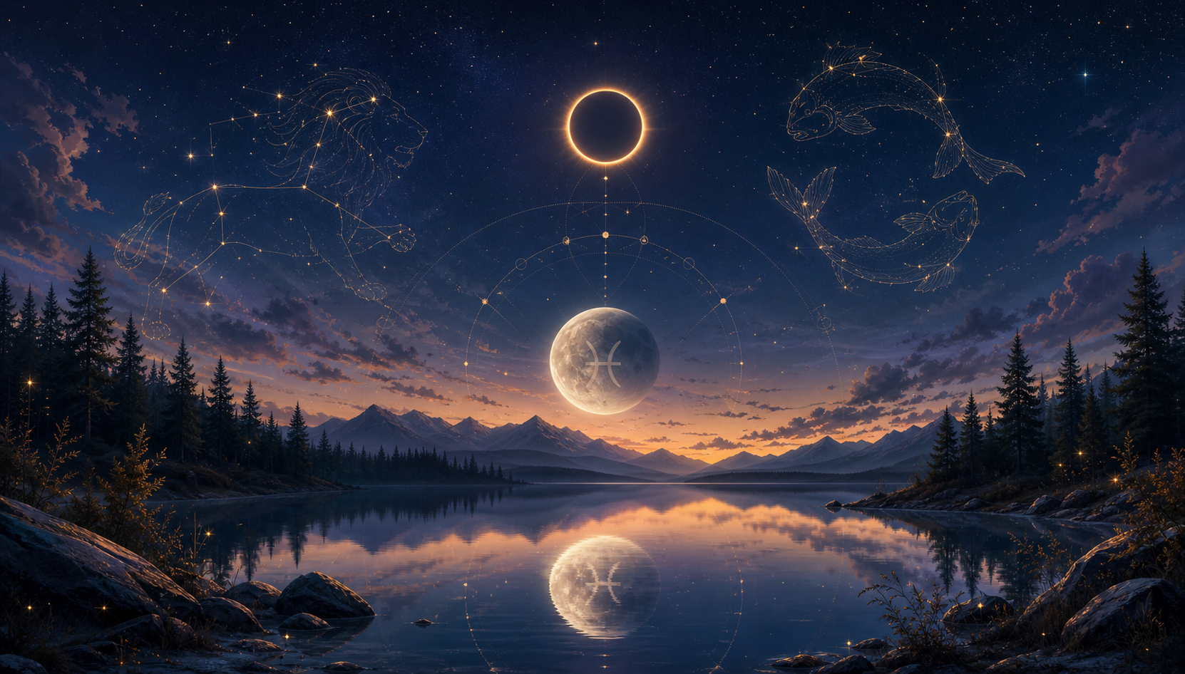 Un eclipse solar dorado y una luna de Piscis sobre un lago montañoso azul medianoche, con constelaciones de Leo y Piscis.