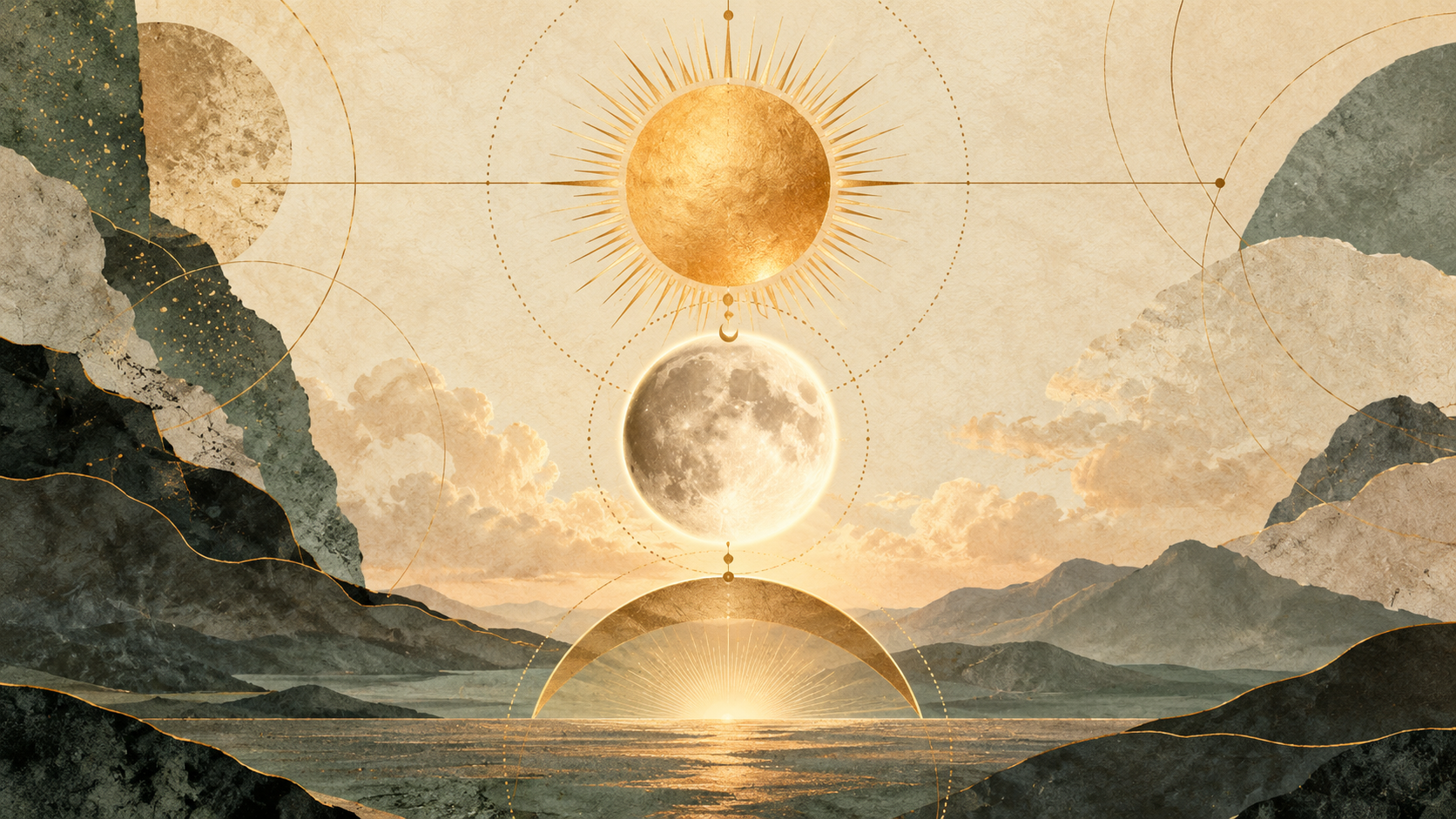Editorial illustration of a golden sun, luminous moon and rising horizon layered in a soft celestial landscape.