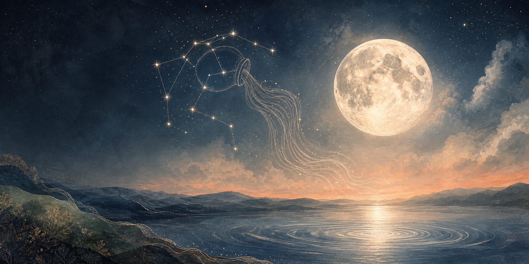 Eclipse lunar parcial profundo sobre un lago de montaña bajo un cielo estrellado.