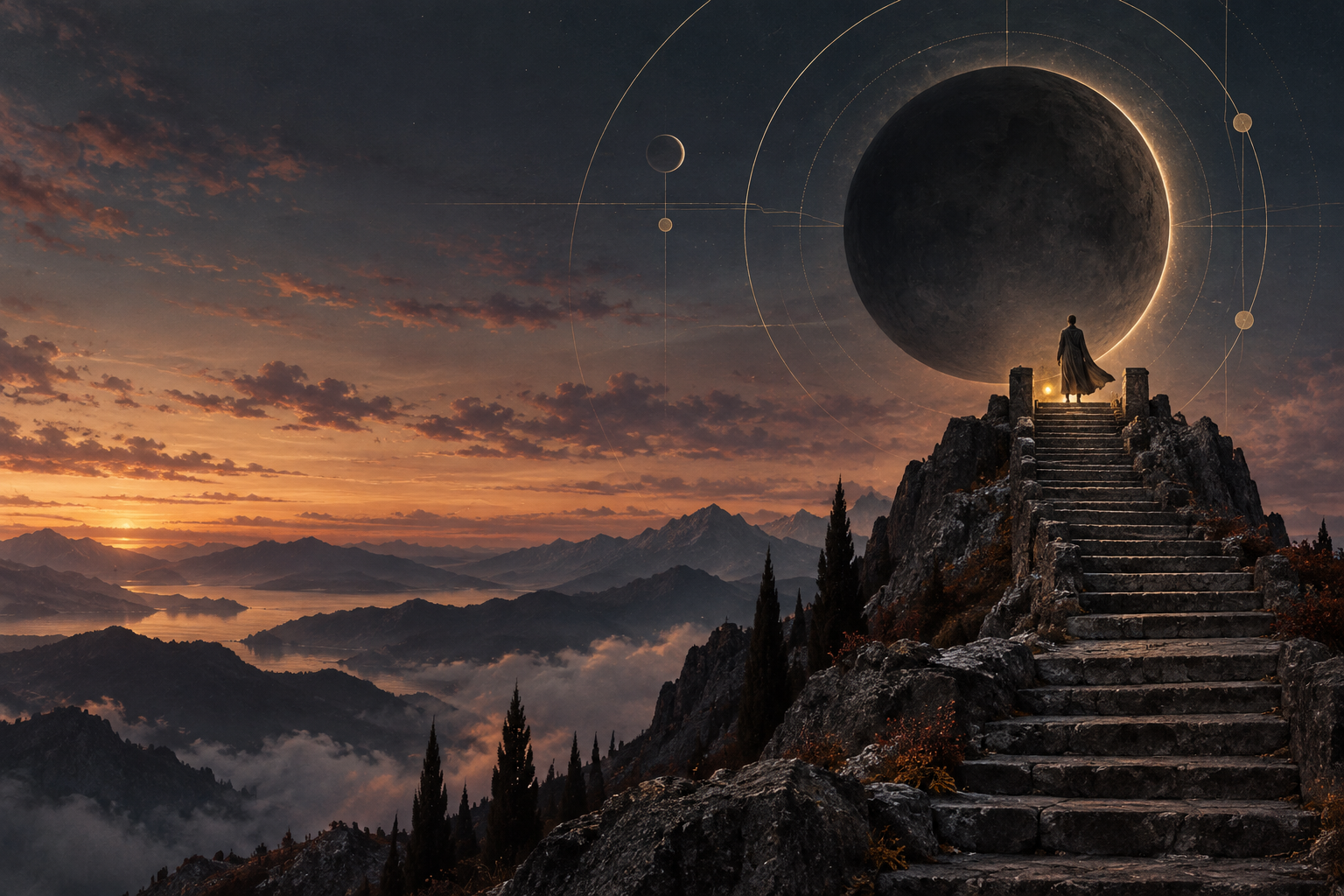 Una luna oscura sobre una escalera de montaña y una figura solitaria en la cima, símbolo de Lilith en Capricornio.