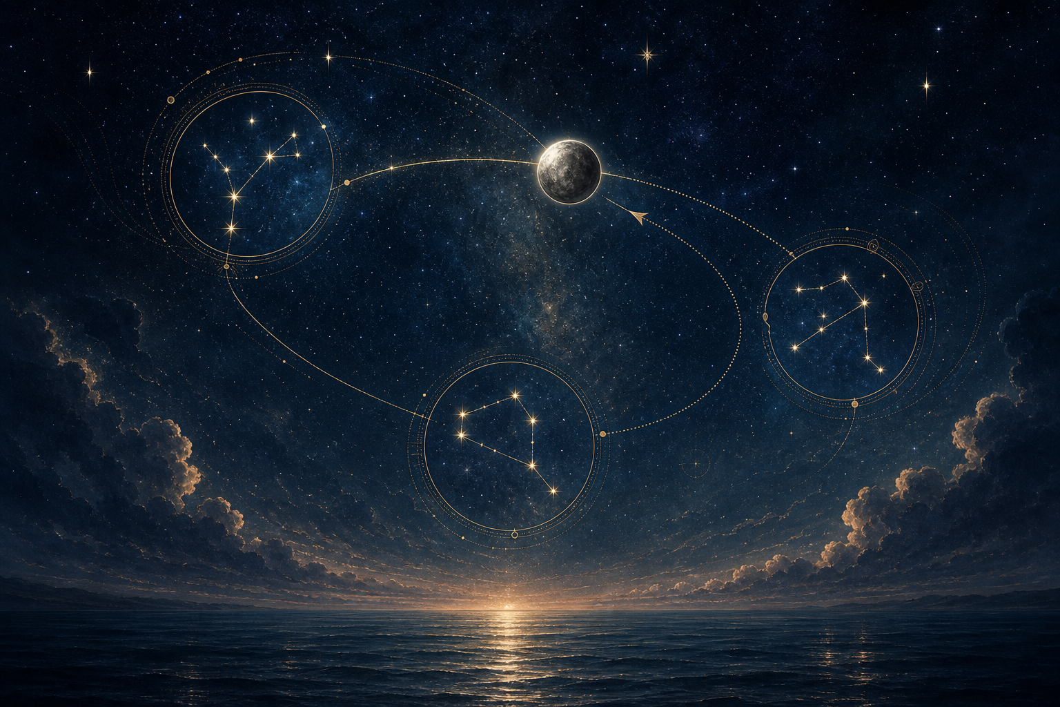 Mercure trace une orbite rétrograde dorée entre les constellations des Poissons, du Cancer et du Scorpion au-dessus d'un océan nocturne.