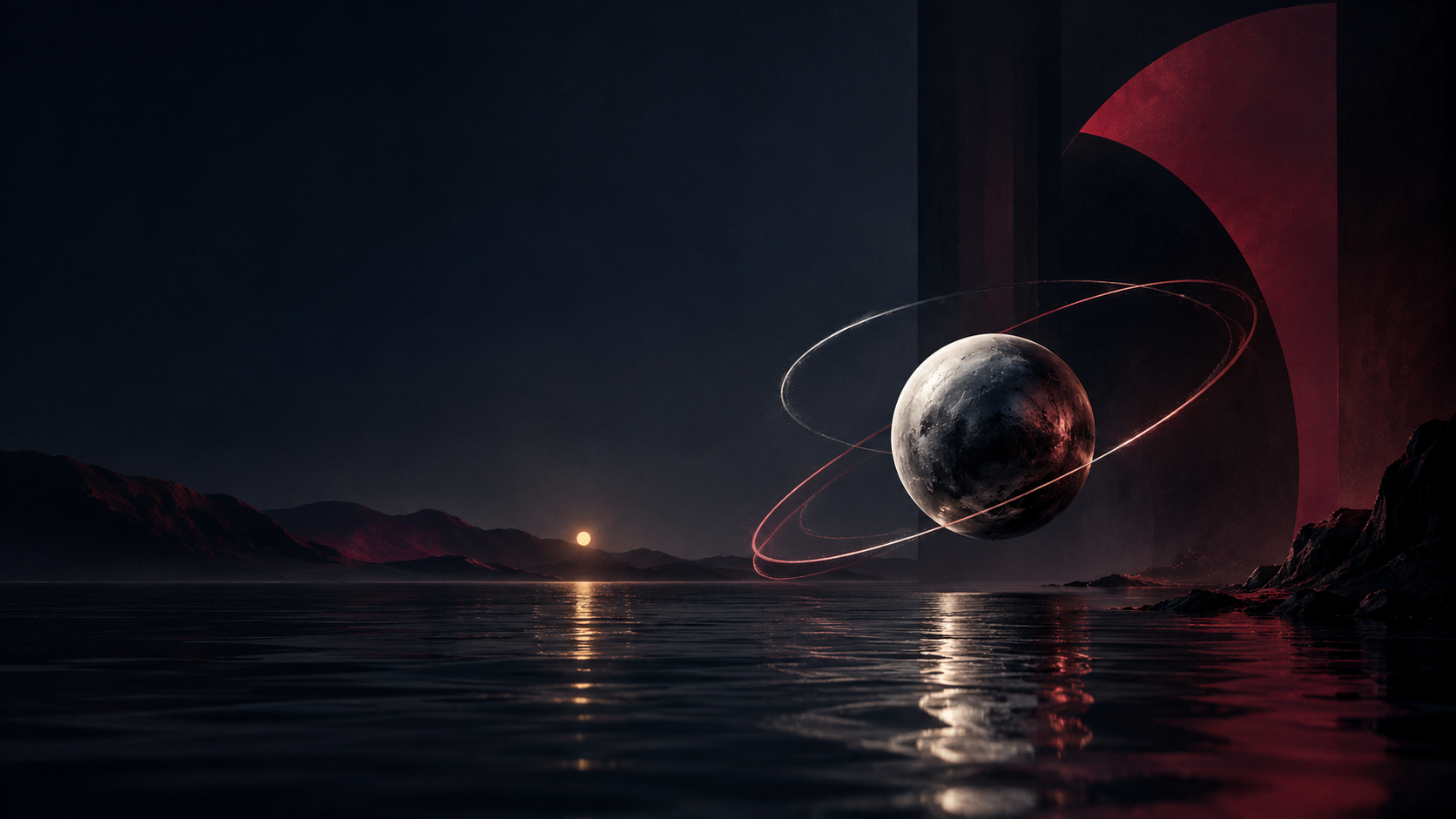 A silver Mercury sphere follows a looping orbit above a dark reflective sea, with restrained wine-red light suggesting the Scorpio cycle.
