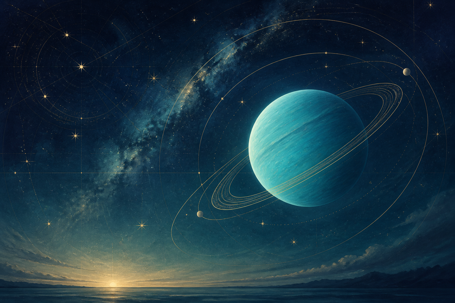 Un Urano turchese luminoso con anelli inclinati sopra una mappa celeste blu indaco.